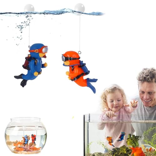 AMERTEER Fish Tank Decorations | 2 Pack Floating Scuba Diver Ornaments with Bubble Balloons | Aquarium Decorations for Freshwater & Saltwater Tanks | Diver Figurines for Fish Tank (Orange Blue)