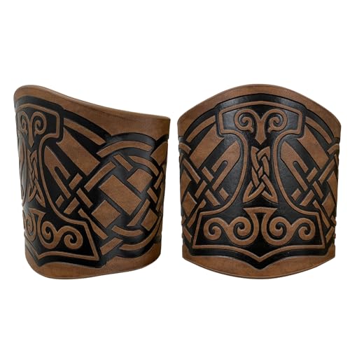 HiiFeuer 2 PCS Viking Embossed Faux Leather Cuff Bracelet, Norse Retro Wristband, Nordic Mjolnir Vegvisir Pattern Cuff Bangle Bracelet3