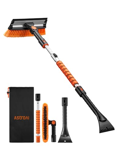 AstroAI 47.2' Ice Scrapers for Car Windshield, 3 in 1 Sturdy Snow Brush with Squeegee, 10 Adjustable Length Settings, Extendable Aluminum Handle, 180° Pivoting Snow Scraper for Car, Truck, SUV(Orange)