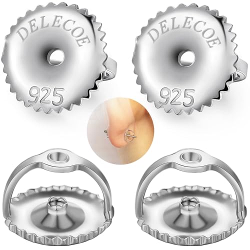 DELECOE 14K Gold Plated Secure Screw Earring Backs Replacement for Diamond Earring Studs 925 Sterling Silver Locking Screwbacks Hypoallergenic for Threaded Post (0.032) 2-Pairs