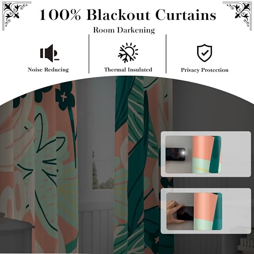 Image of Tyrot Coral Botanical Blackout Curtains for Bedroom,52W x 96L,2 Panels | Whimsical Floral, Energy-Saving Thermal Insulation, Light Blocking, Room-Darkening Privacy, Easy Grommet Drapes, Heavyweight