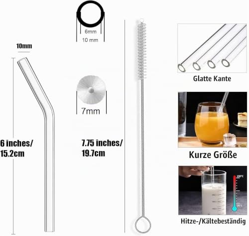 Foto von VITEVER Wiederverwendbar Glasstrohhalme, 6 in x 10 mm Kurze gebogene Klarglas-Cocktailstrohhalme für Whiskey, Kaffee, Soda, Wasser, Packung mit 8 mit Bürste