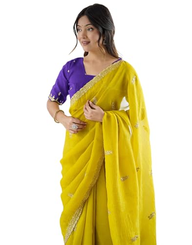 Image of SIRIL Women's Tissue Silk Scalloped Border Embroidery Saree with Unstitched Blouse Piece