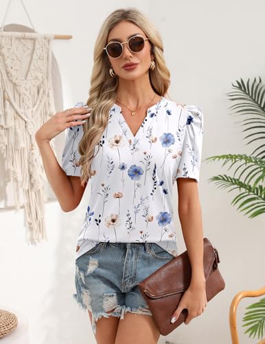 Image of Zeagoo Women Blouses Puff Short Sleeve Tops V Neck Dressy Casual Spring Shirts Boho Floral Cute Clothes 2026