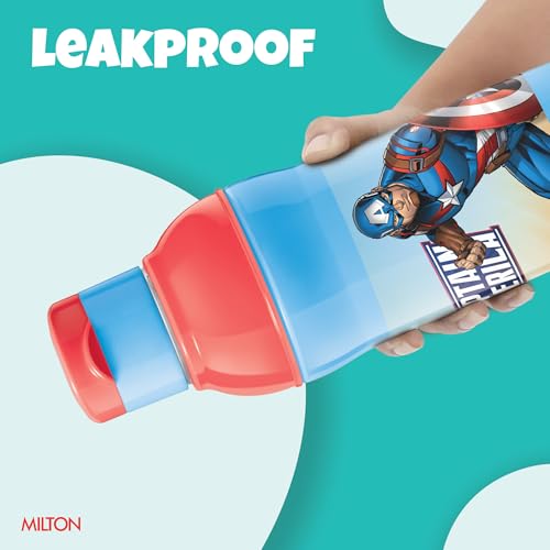 Image of Milton Marvel Steel Slim 600 Insulated Inner Steel Water Bottle for School Kids,Leak Proof FlipTop Lid,Easy to Carry Loop,Insulated Thermo Sipper Bottle for Kids,490 ml,Sky Blue(Captain America print)