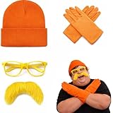RAOPNHS Lorax Kostüm Zubehör Set Für Erwachsene Karneval Mit Gelber Brille Bart Hut Handschuhe 3 Teilig Lustiges Faschingskostüm Herren Damen Cosplay Outfit Für Karneval Halloween Mottoparty