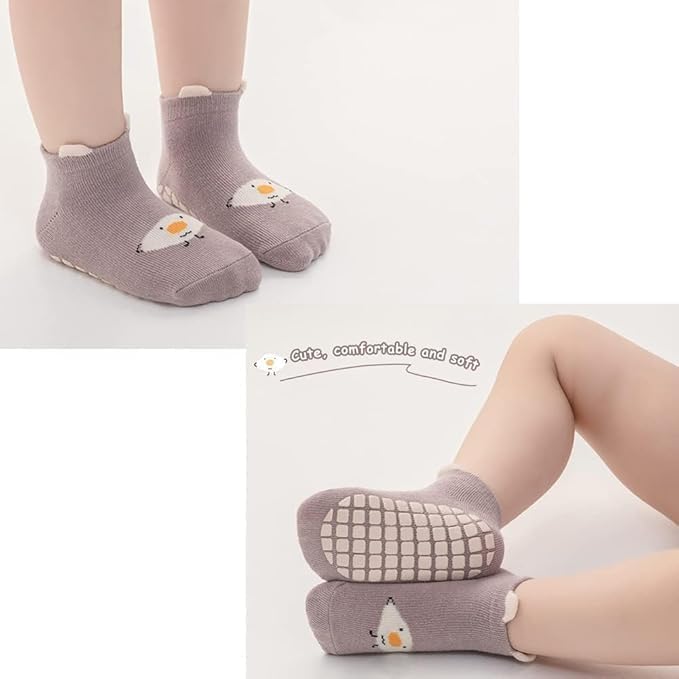 PRUVIA Toddler Non Slip Socks, Cute Baby Socks with Grips Crew Socks for 1-3 yearsinfants toddlers kids boys girls 5 Pairs(M), Multi color, M 4