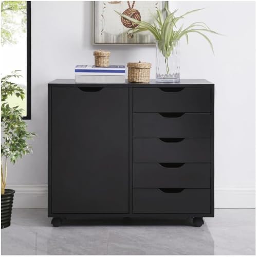 Image of 5-Drawer Wood Drawer Cabinet, Office Storage Cabinet with Adjustable Shelf & Wheels, Printer Stand for Home Office, Black, 15.7 inch D x 30.7 inch W x 25.4 inch H
