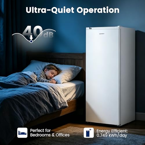 Image of BANGSON 6.5 Cu.ft Upright Freezer, Stand up Freezer with Adjustable Thermostat, Removable Leg, Reversible Single Door, for Bedroom /Home /Dorms /Apartment, White