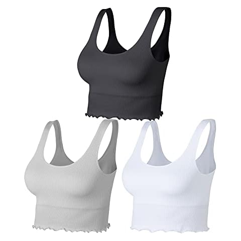 Lemef Ribbed Workout Crop Tops for Women Seamless Longline Sports Bras Yoga Tank Tops 3 Pack No Padded Black,White,Grey, L Cover