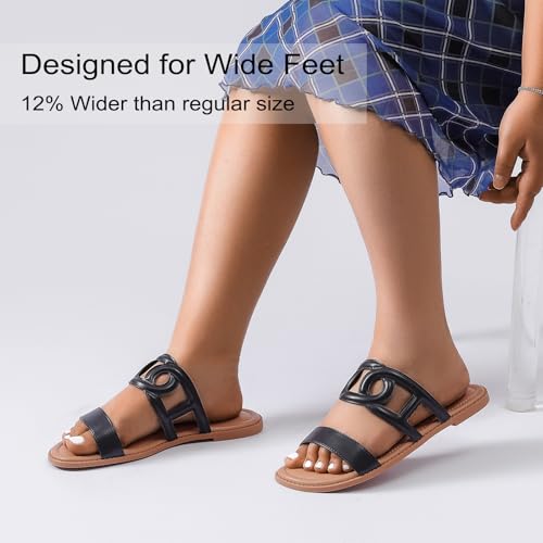 Image of Ruiee Wide Width Sandals for Women, Summer Flat Slides Casual Braided Wide Feet Sandal Comfort Slip on Sandals Open Toe Beach Shoes for Women.