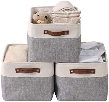 DECOMOMO Storage Bins | Fabric Storage Basket for Shelves for Organizing Closet Shelf Nursery Toy | Decorative Large Linen Closet Organizers with Handles Cubes (Grey and White, Large - 3 Pack)