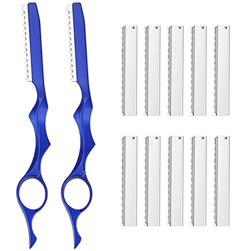 12 Pieces Hair Styling Thinning Razor Set, 2 Pieces Hair Styling Razor Hair Cutting Texturizing Razors and 10 Pieces Replacement Spare Blades for Salon Home Christmas Valentine's Day Giving (Blue)