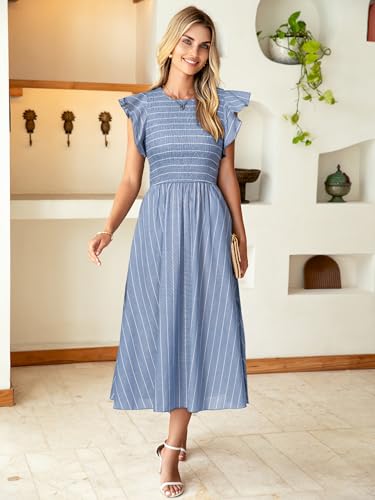 Image of Simplee Womens Striped Midi Summer Dress Linen Smocked Flutter Short Sleeve Dress Flowy Casual Dress with Pockets