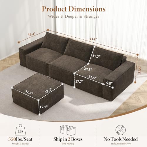 Image of Vesgantti 114 inch Modular Boneless Couch, Modern 3 Seater Sectional Sofa with Ottoman & Deep Seat, Convertible Chenille L Shaped Cloud Couches for Living Room, No Assembly Required, Dark Brown