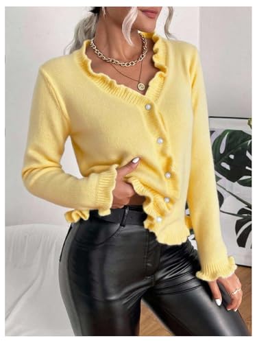 Image of Verdusa Women's Ruffle Trim V Neck Button Down Long Sleeve Knit Cardigan Sweater