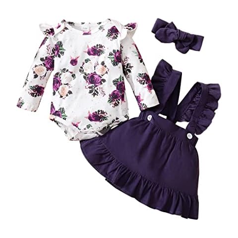 QUNERY Newborn Baby Girl Clothes Long Sleeve Tops Bodysuit Suspender Floral Skirt Infant Overall Dress Outfits Sets Purple 0-3 months Cover