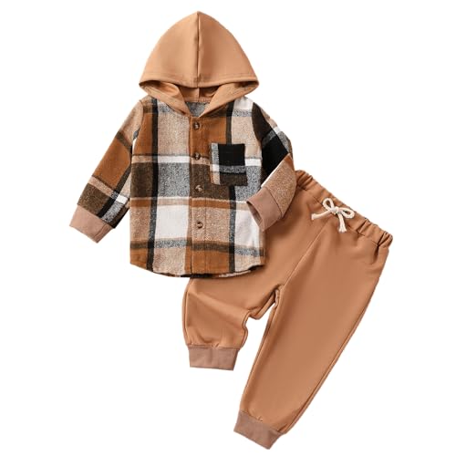 Douhoow Toddler Unisex Baby Clothes Boys Girls Flannel Shirt Tops Plaid Hoodie Sweatshirt + Sweatpants Fall Winter Outfits (Brown-a, 18-24 Months)