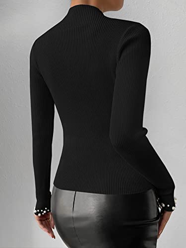 Image of WDIRARA Women's Pearls Beaded Rib Knit Mock Neck Long Sleeve Tops Slim Fit Tee Shirt
