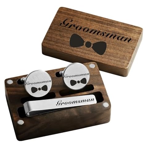 Cufflinks for Men Wedding Cufflinks Engraved Man Cuff links Tie Clips Tie Bar Cuff links Set(Wooden groomsman) Cover