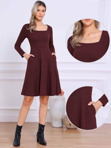 Allegra K Sweater Dress for Women Casual Square Neck Long Sleeve A Line Fall Dresses with Pockets2