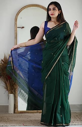 Image of SGF11 Women's Kanjivaram Soft Cotton Linen Silk Saree With Blouse Piece (Green Blue)