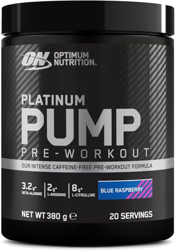 Optimum Nutrition ON Platinum Pump Pre-Workout, Intense Caffeine-Free Pre-Workout Food Supplement with Fruitflow, Beta-Alanine, L-Arginine, L-Citrulline, Blue Raspberry Flavour, 20 Servings, 380 g