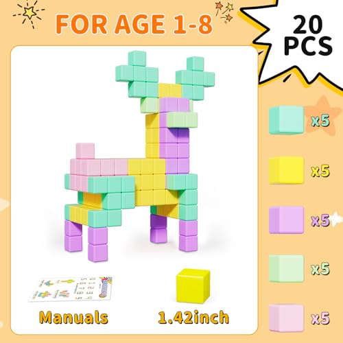 Image of Large Magnetic Blocks Travel,20PCS 1.42in Building Blocks for Toddlers 3-5,Magnet Cubes for Toddlers,Sensory Montessori Toys Sets Learning Construction Squares Stem Toys for Boy,Girl,Kids,Kit,Gift,4-8