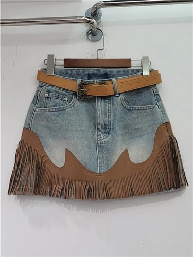 Hndudnff Women's with Pocket Denim Mini Skirt Spliced Contrast Color Irregular Tassel A-Line Skirt2