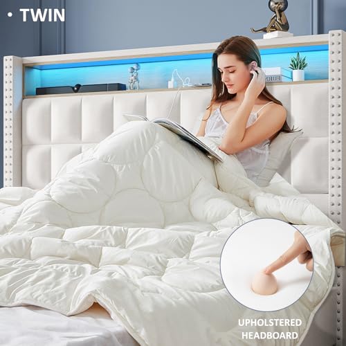 Maupvit Twin Size Bed Frame with Charging Station and 4 Storage Drawers,Upholstered Platform Bed with LED Headboard,Noise Free,No Box Spring Needed,Easy Assembly,Beige