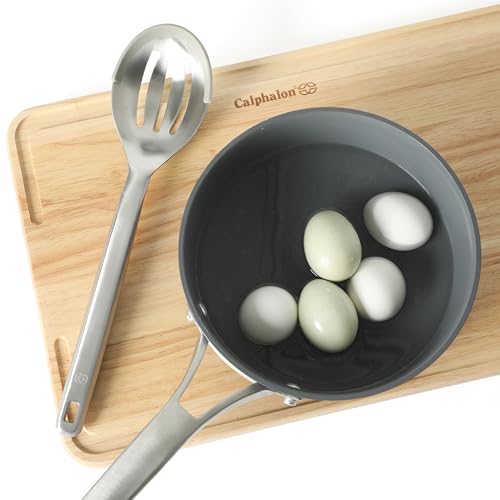 Image of Calphalon Prime Slotted Spoon Skimmer, Stainless Steel Straining Spoon with Taupe Silicone Rim, Heat-Resistant Nonstick-Safe Kitchen Spoon for Draining, Cooking & Serving