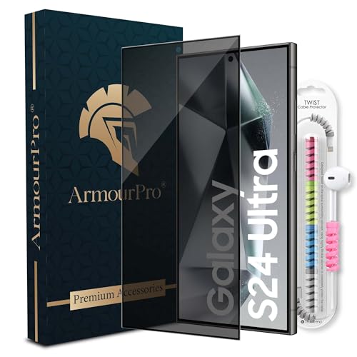 Image of ArmourPro Privacy Tempered Glass Compatible for Samsung Galaxy S24 Ultra (6.8 Inch) Edge to Edge Coverage with Easy Installation kit & Cable Protector | Black Anti-Spy Privacy Protection