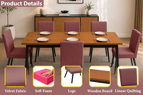 Image of Rosebell 6 Seater Dining Table Set with Cushioned Chairs | Modern Dining Table for Home, Dining Room & Kitchen | Black Metal Legs | Rose Pink