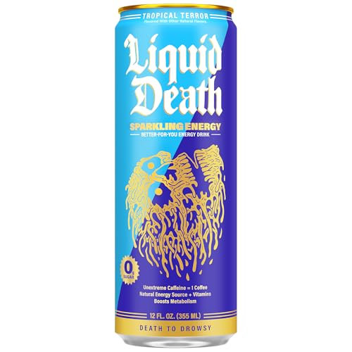 Image of Liquid Death Sparkling Energy - Tropical Terror (Classic Pina Colada), Zero Sugar Energy Drink, Unextreme Caffeine 100mg, Essential Vitamins, 12 Fl Oz (Pack of 12)