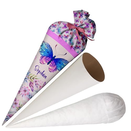 Ferocity Schultüte Schmetterling für Mädchen, Personalisierte Tüte, aus Stoff, 70 cm Zuckertüte mit Namen, runde Papprohling und Füllung aus Silikonkügelchen, große Tüte als Kissen [149]