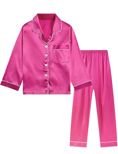 DIPUG Girls Satin Pajamas Long Sleeve Sleepwear Set Silky Feel Pjs for Kids Ages 4 to 13
