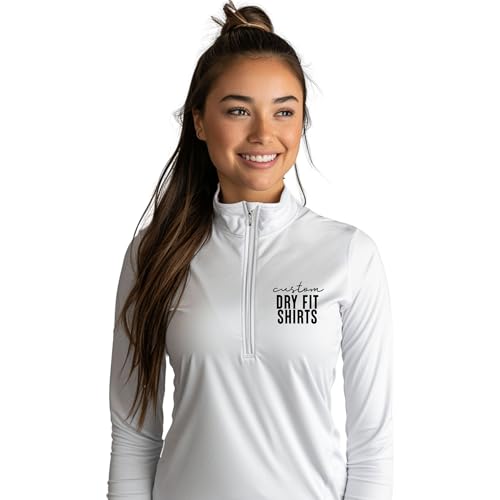 Custom Dry Fit Shirts for Women - Personalized Quarter Zip Womens Pullover Jacket Add Your Own Name or Logo Sports Moisture Wicking Athletic Gifts