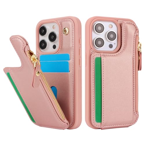 Image of Cavor for iPhone 13 Pro Case with Card Holder,for iPhone 13 Pro Wallet Case for Women Men,Leather Magnetic Clasp Zipper Pocket Protective Phone Cover-Rose Gold