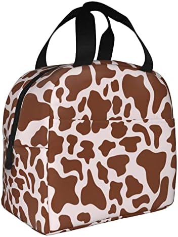 HUZEIMINniu Brown And White Cow Print Lunch Bag Tote Bag Portable Insulated Reusable Lunch Box For Office Work Camping Travel Picnic Beach Fishing For Adult