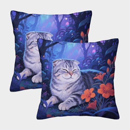 Funda De Cojín con Gato Scottish Fold Juego De 2, Microfibra Suave Funda De Almohada con Cremallera Invisible, Fundas Cuadradas para Sofá Coche Cama Sillas, 40x40cm