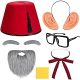 Honic 6 Pcs Halloween Old Uncle Costume Accessories Red Fez Hat Fake Ears Headband Thick Glasses Long Silk Bow Tie Gray Beard Eyebrow Stickers for Man Halloween Party Cosplay Dress up
