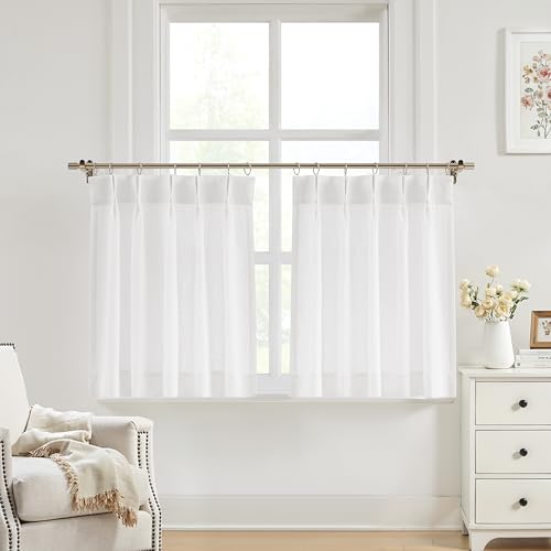 Image of Vision Home White Pinch Pleated Tier Curtains 36 inch, Semi Sheer Kitchen Curtains with Back Tab & Hooks, Light Filtering Small Window Panels for Bathroom Laundry, 25 inch Wx36 Lx2