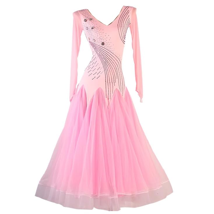 Hynyjxjy ,Rosado,M, Vestidos De Baile De Salón con Cuello En V para Competición Traje De Vals con Espalda Descubierta para Mujer Conjunto De Baile De Salsa De Manga Larga Ropa De Baile De Moderno