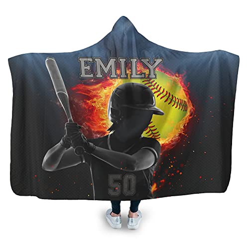 Ohaprints Custom Fire Softball Ball Girl Player Fan Unique Gift Idea Black Personalized Name Number Sherpa Hoodie Blanket Soft Travel Camping Wearable Hooded Blankets Cape Wrap Plush Fuzzy Comfy Cozy #TOP10