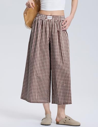 Womens Wide Leg Capri Pants Gingham Summer Plaid Culottes High Waist Casual Lounge Palazzo Pants with Pockets3