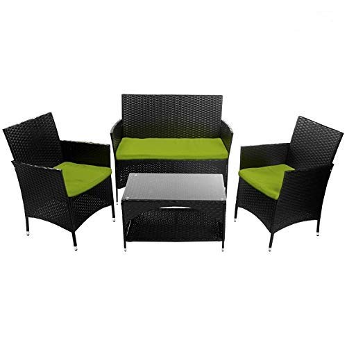 Image of Carry Bird 4 Piece PE Wicker Rattan Outdoor Furniture | 4 Seater Balcony Sofa With Tea Table | Set of 2+1+1 Outdoor Patio Chairs with Coffee Table | Sofa Sets & Center Table for Home & Garden | 3 Piece Patio Stools with Table | Indoor Patio Furniture Set Space Saving | Rattan Chair | Patio Set | Wicker Conversation Set | Poolside Lawn Arm Chairs Set For Balcony & Terrace | Balcony Table chair Set | Hotel Patio Seating Chair & Table Set with Glass | Green Cushion and Light Brown Sofa