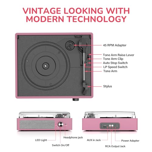 Image of Record Player with Speakers Belt-Driven Vintage Turntables 3 Speed 3 Size Wireless Bluetooth Playback AUX-in RCA Out Headphone LP Vinyl Players Auto Stop Purple Pink