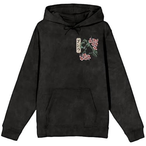Bioworld Godzilla Vintage-Inspired Kanji Design Mens Black Salt Mineral Wash Graphic Hoodie-Large