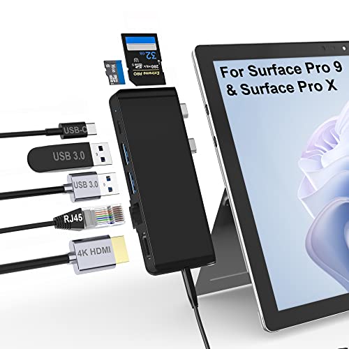 Surface Pro 11 10 9 Docking Station, Surface Pro 9 Hub Adapter mit 100 Mbps LAN, 4K HDMI, 100W USB-C (Display+Daten+PD Aufladen), 2 USB 3.0, 3.5mm Audio, SD/TF Kartenleser für Microsoft Surface Pro 9