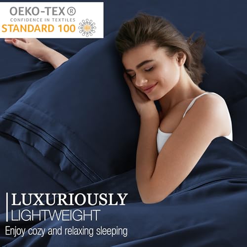 Yibeizi Queen Sheet Set Cooling Sheets Deep Pocket Queen Size Bed Sheets Set, Navy Blue Soft Microfiber Oeko-Tex Sheets & Pillowcases Hypoallergenic Wrinkle Free Bedsheets - Image 4